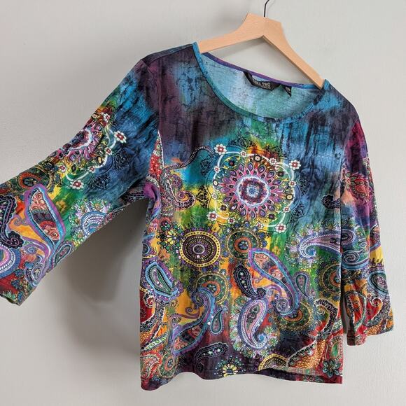 Vintage Take Two Top XL Multi Purple Y2K Sequin Paisley Psychedelic India Boho - Picture 2 of 11